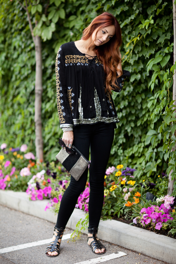 Kate Moss for Topshop Embellished Top, Black Skinnies & Gladiators | Little J Style