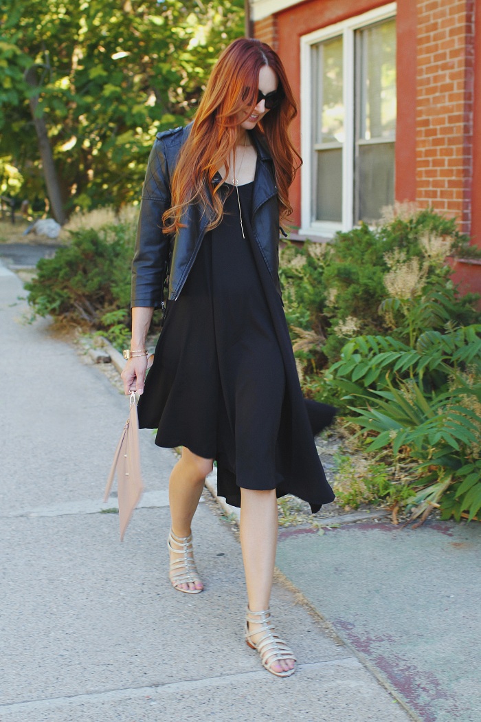 Dress down an asymmetrical dress with sandals and a moto jacket! | www.LittleJStyle.com