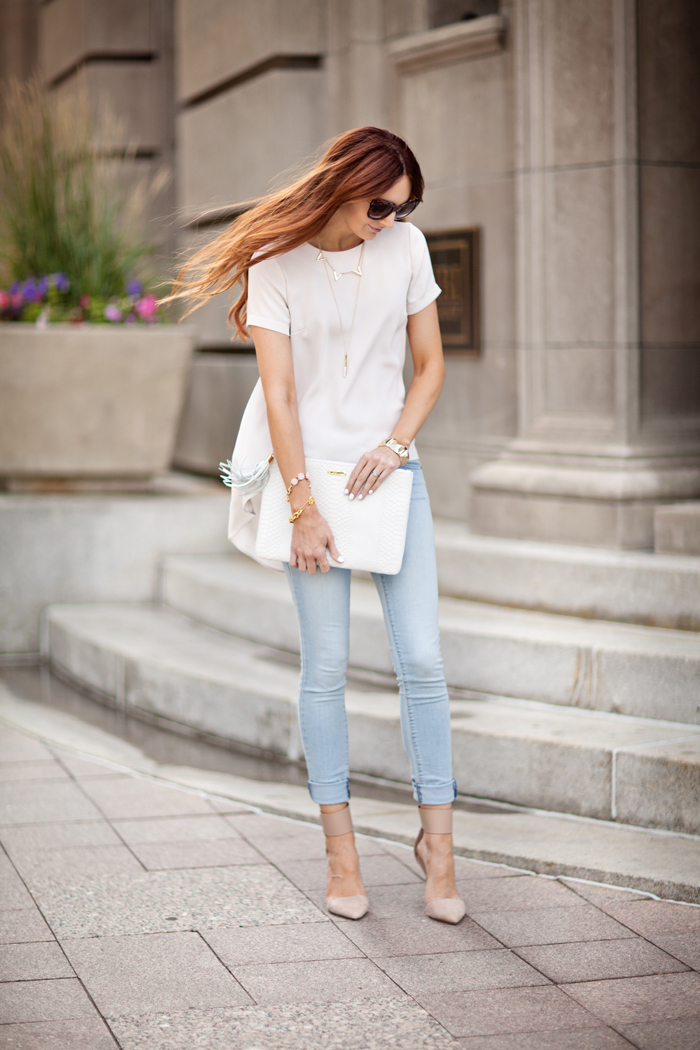 Pale pink & faded jeans- crisp yet casual. | www.LittleJStyle.com