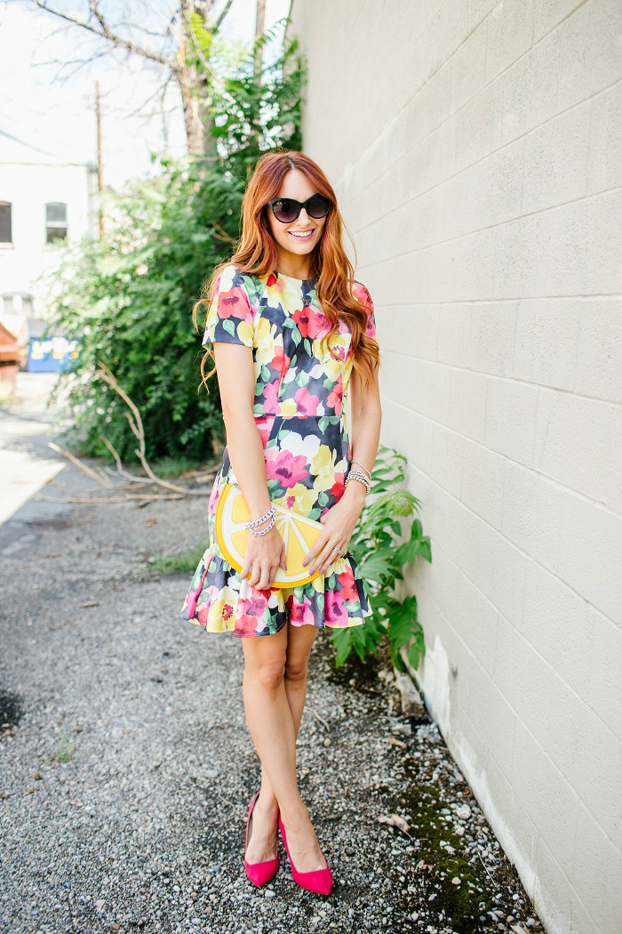 floral dress & lemon clutch | www.LittleJStyle.com
