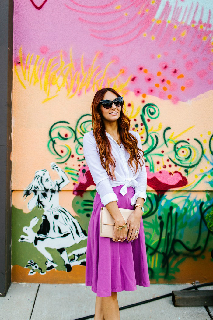 white button up tied over purple dress | www.LittleJStyle.com