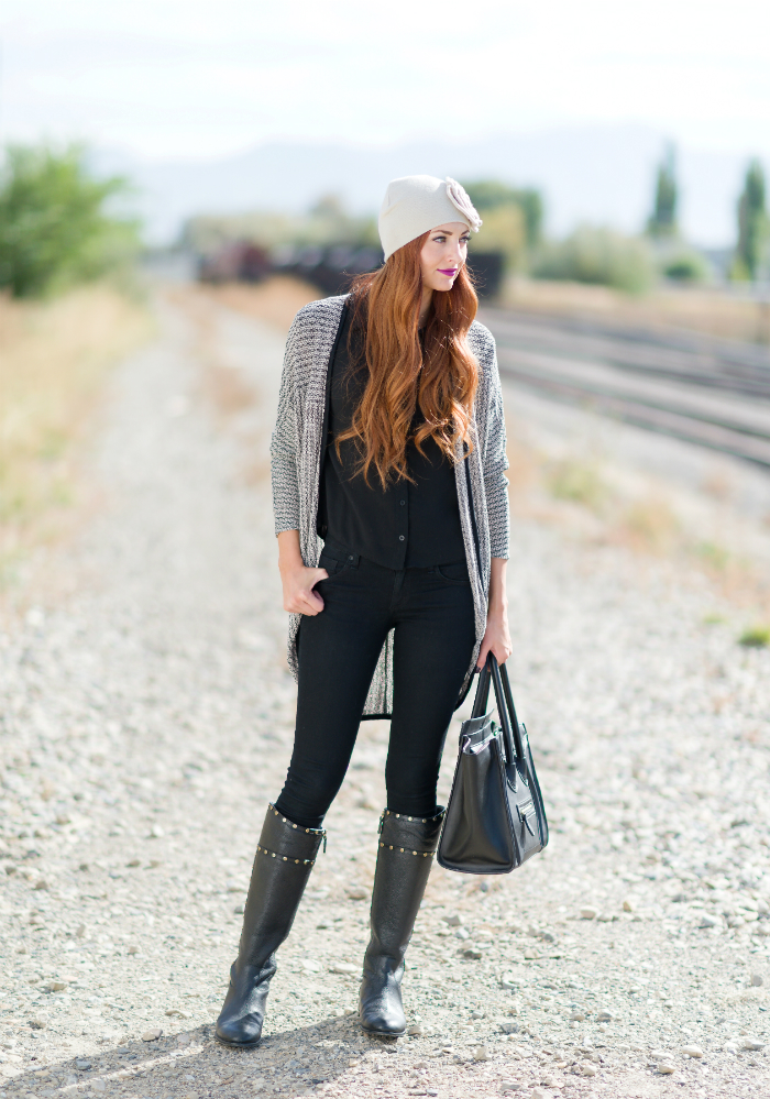 a beanie, boots, and a comfy cardigan for fall | www.LittleJStyle.com