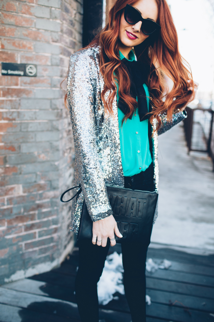 sequin blazer with a bow | www.LittleJStyle.com