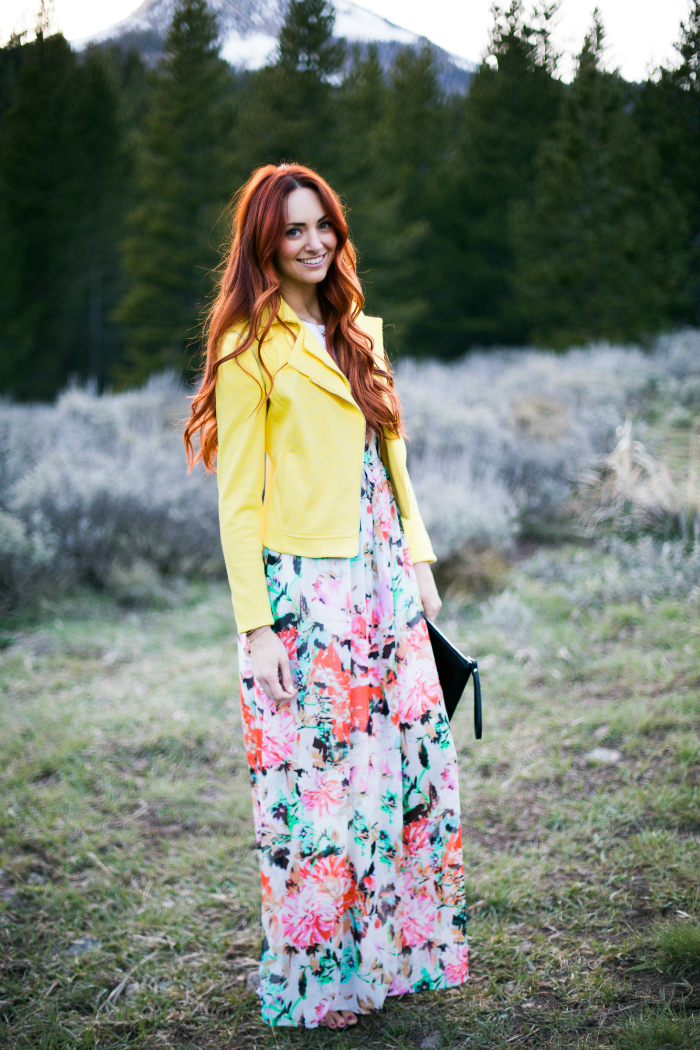 colorful maxi dress & bright jacket | www.LittleJStyle.com