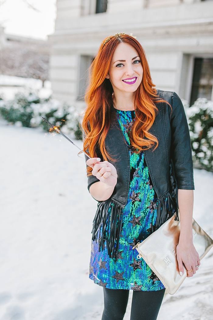 NYE sequin dress with fringe